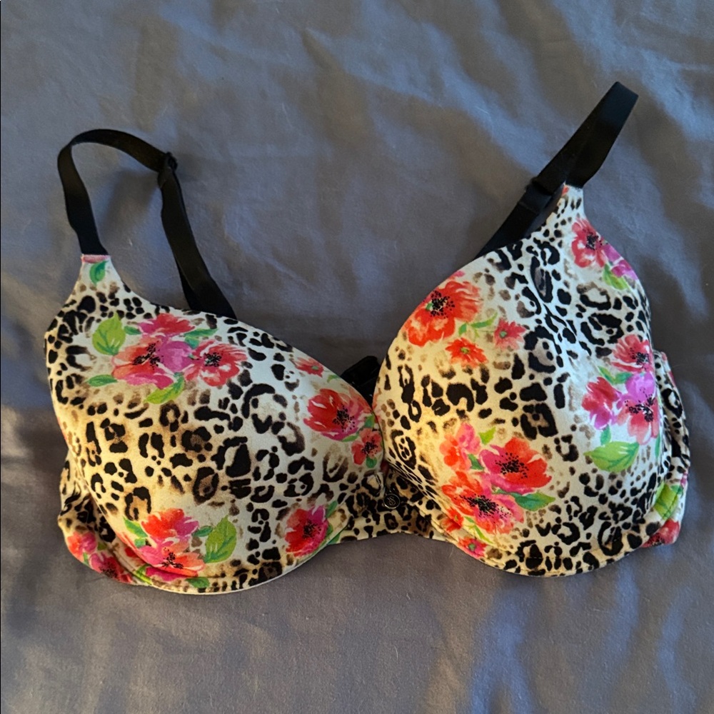 Victoria's Secret Floral Leopard Bra - Pink and Black 36C